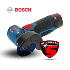 Minipulidora Bosch GWS 12V-76 con disco de corte, diseño ergonómico y color azul y negro.