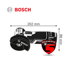 Minipulidora Bosch 3" GWS 12V-76 con dimensiones de 202 mm de largo y 88 mm de alto.