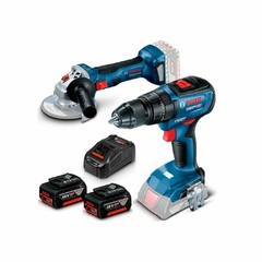 Combo de herramientas Bosch que incluye una amoladora y un taladro, junto a dos baterías y un cargador.