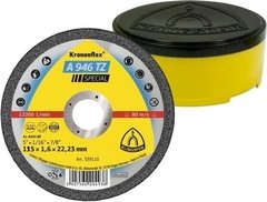 El disco de corte A 946 TZ tiene un diámetro de 115 mm, un grosor de 1.6 mm y un eje de 22.23 mm. Es ideal para cortes precisos en metal y acero inoxidable.