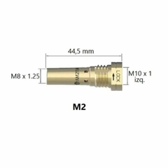 Porta pico M2 de bronce de 44.5 mm, con especificaciones de roscado M8 x 1.25 y M10 x 1.