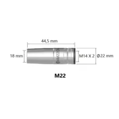 Tobera cónica M22 Arc, mostrando dimensiones y especificaciones técnicas.