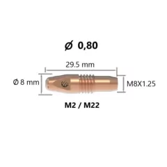Tubo de contacto M6X28mm de 0.8 mm, para torchas M2 y M22, con dimensiones específicas.