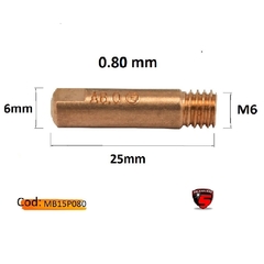 Tubo de contacto MB15 M6, 0.80 mm, con dimensiones de 25 mm de largo y 6 mm de ancho.