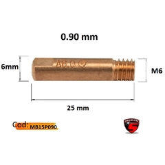 Tubo de contacto MB15 M6 de diámetro 0.90 mm, con medidas de 25 mm de largo y 6 mm de ancho, utilizado en procesos de soldadura MIG.