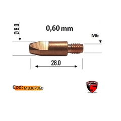 El tubo de contacto MB36 M6 de 0.60 mm de diámetro y 28 mm de largo es ideal para aplicaciones de soldadura. Su diseño permite una conexión eficiente y duradera en equipos de soldadura MIG/MAG.