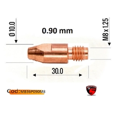 El tubo de contacto MB36 M8, con un diámetro de 0.90 mm y longitud de 30 mm. Ideal para maquinaria de soldado MIG/MAG, garantiza una conexión segura y duradera.