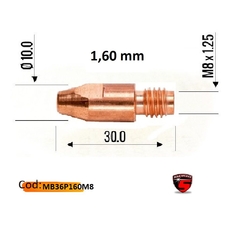 El tubo de contacto MB36 M8, con un diámetro de 1.60 mm y una longitud de 30 mm, es ideal para aplicaciones de soldadura.