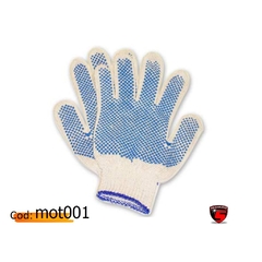 Guante de algodón moteado con diseño azul en la palma, ideal para trabajos manuales y protección.