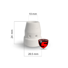 Conector aislante grande antiproyecciones O10 para torchas MIG, con dimensiones de 10 mm de diámetro superior, 20.5 mm de diámetro inferior y 24 mm de altura.