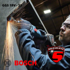 La amoladora recta GGS 18V-23 PLC es de la marca Bosch, tiene un motor de 18V y se presenta sin batería.