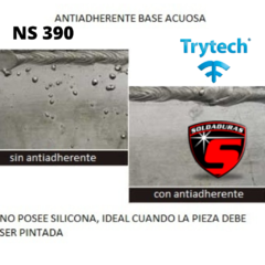 El fluido antiadherente NS390 Trytech está diseñado para evitar la adherencia de materiales en superficies de trabajo. Su envase de 500 cc es práctico y eficiente para aplicaciones industriales.