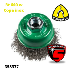 El cepillo BT 600 W Copa Rizado Hierro Klingspor. Su diámetro de 115 mm y su construcción robusta aseguran durabilidad y eficiencia en trabajos exigentes.