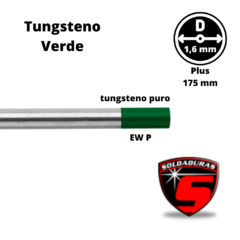 Electrodo de tungsteno puro de 1.6 mm de diámetro, color verde, con una longitud de 175 mm. Ideal para procesos de soldadura TIG.
