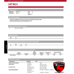 Hoja técnica de la varilla LNT Ni 2.5, especificaciones de soldadura TIG y composiciones químicas.