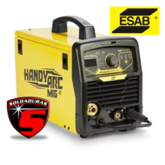Máquina soldadora Handy Arc MIG 160 con panel de control frontal y conexiones visibles.