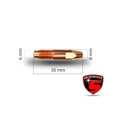 Detalle del tubo de contacto M8 de 1.20 mm, con dimensiones de 35 mm de largo, 6 mm de diámetro en un extremo y 8 mm en el otro.