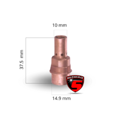 Porta pico M8/SW13X37.5 para robot de soldadura, dimensiones 37.5 mm de alto, 14.9 mm de diámetro y 10 mm de apertura.