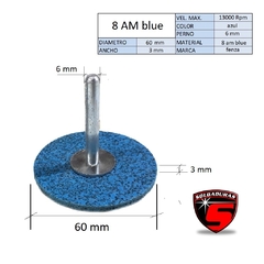 La rueda NT Unit Blue Ø 8 AM tiene un diámetro de 60 mm, un espesor de 3 mm y un eje de 6 mm, ofreciendo alto rendimiento para desbaste y pulido en diversas superficies.