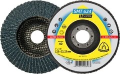 El disco SMT 624 tiene un diámetro de 115 mm y un eje de 22.23 mm, con grano 40 y forma abombada