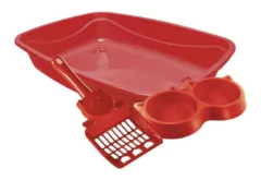 Kit Gato Luxo 3x1 Bandeja Pá Comedouro Duplo Caixa De Areia