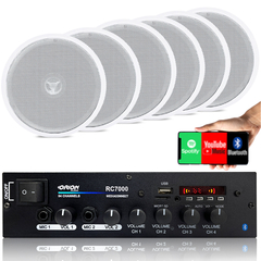 Kit Som Ambiente 4 Canais 500 Watts bluetooth + 6 Caixas teto Gesso embutir brancas redondas 70w