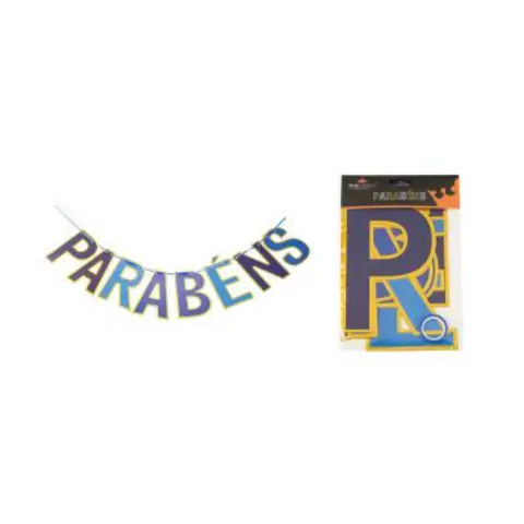 FAIXA PARABENS AZUL COM BORDA DOURADA