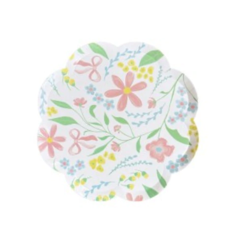 Prato de papel com estampa floral em tons pastel com 19 cm de diâmetro.