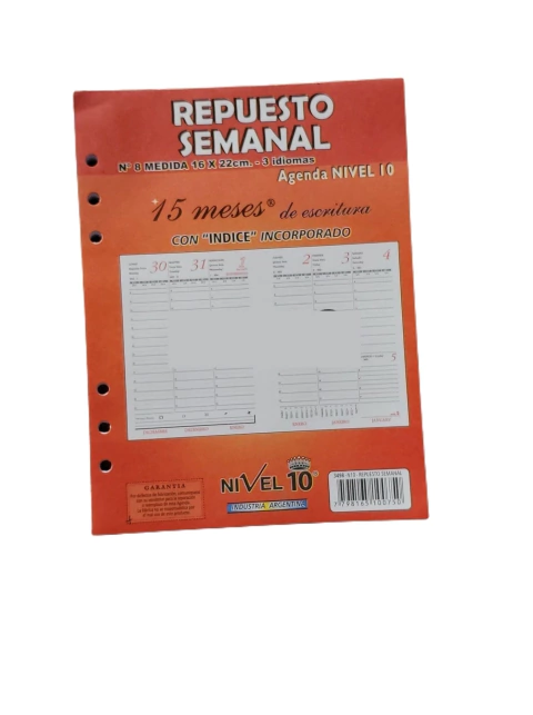 REPUESTO AGENDA NIVEL 10 2026 SEMANAL Nº8 CON INDICE INCORPORADO (3498)