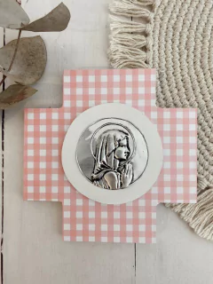 Cruz con medallon Virgen Niña (rosa)