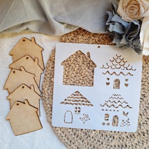 Combo stencil 20x20cm + casitas en mdf - comprar online