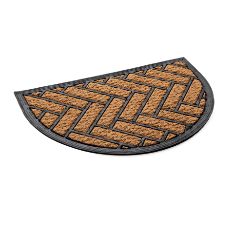 Felpudo de fibra de coco natural en forma de medialuna con base de goma, diseño tramado, 60x40 cm, ideal para entradas de hogar.