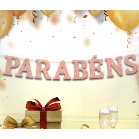 Faixa Parabéns Glitter Rose Gold 01 Unidade Bandeirinha Decoração Festa de Aniversario