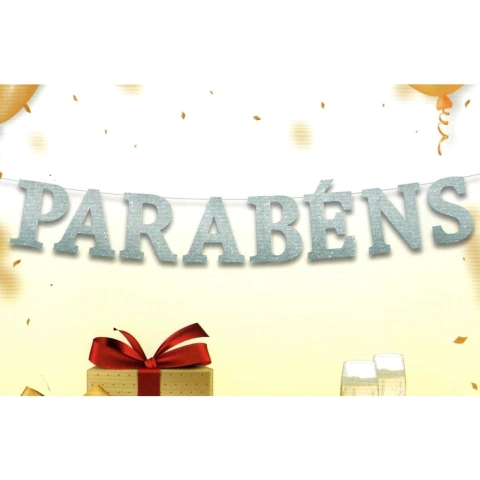 Faixa Parabéns Glitter Prata 01 Unidade Bandeirinha Decoração Festa de Aniversario