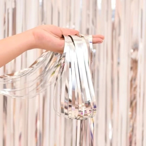 Cortina Metalizada Prata Franja Metálica Decoração Festa