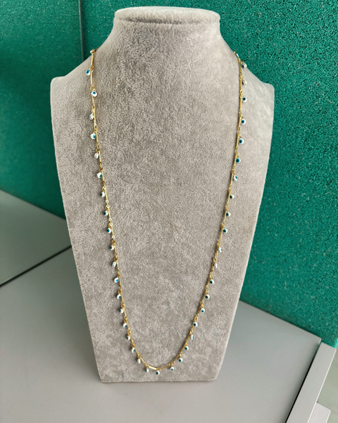 COLAR LONGO CANUTILHOS OLHO GREGO FOLHEADO A OURO