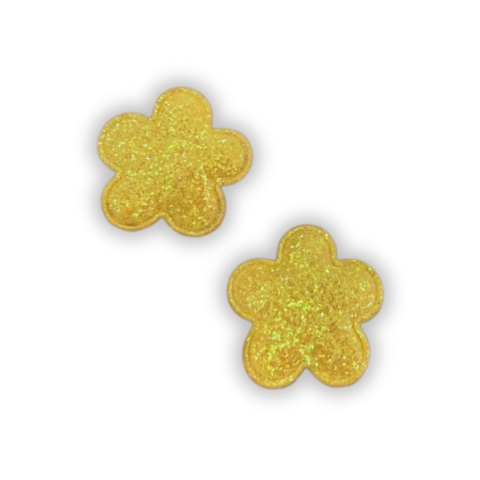 APLIQUE FLOR GLITTER AMARELA TECIDO - 2 UNIDADES