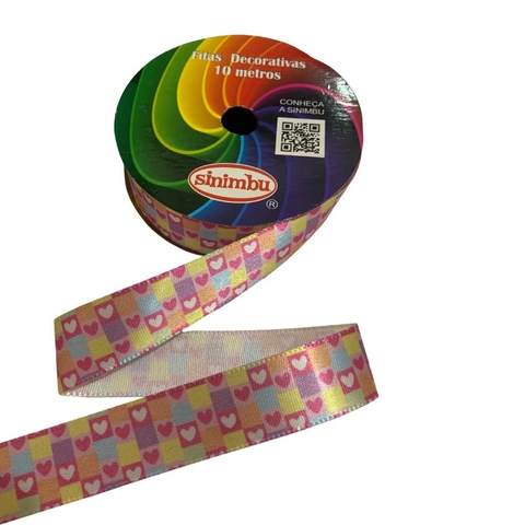 FITA DE CETIM CORAÇÕES COLORIDO SINIMBU (22MM) - 1 METRO
