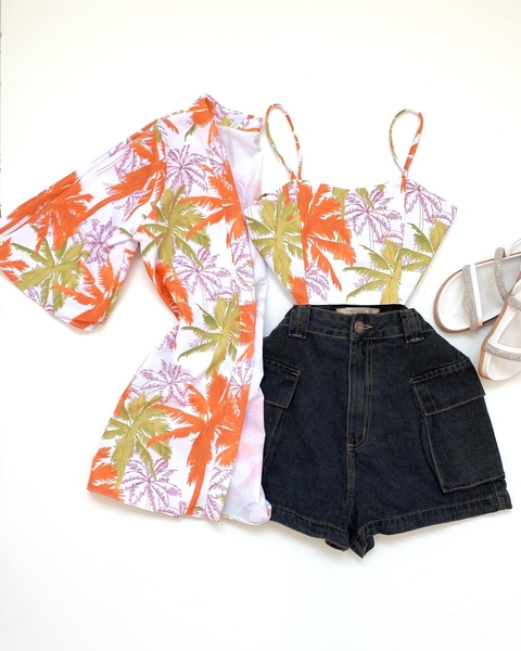 KIMONO E CROPPED COQUEIROS LARANJA (CONJUNTO DUAS PEÇAS)