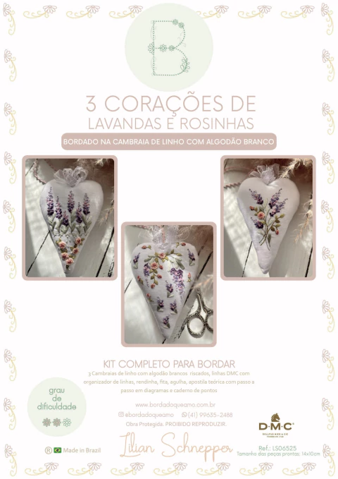 Kit de Bordado 3 Corações de Lavandas e Rosinhas