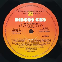 Vinilo Lp - Orlando Netti - Simplemente 1986 Argentina - BAYIYO RECORDS