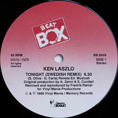 Vinilo Maxi Ken Laszlo - Tonight (A Swedish Beat Box Remix) Suecia 1986 en internet