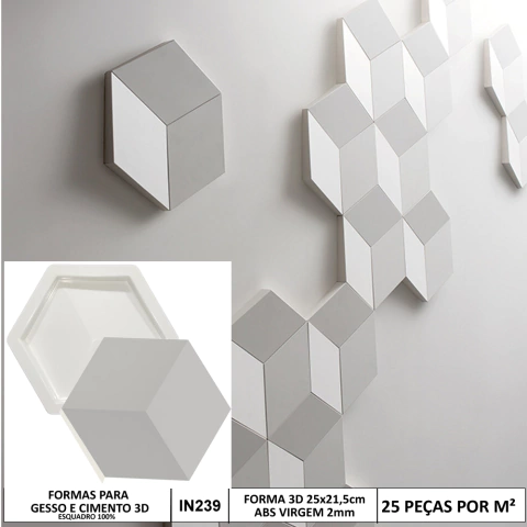 Forma 3d Hexagonal Centralizada 25x20cm ABS Virgem 2mm Molde para cimento/concreto/gesso 3d IN239