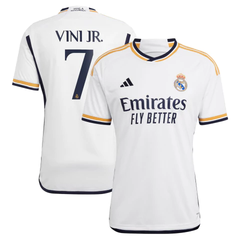 Camisa Real Madrid I 2023/24 Torcedor (Vini Jr. #20) - Branco