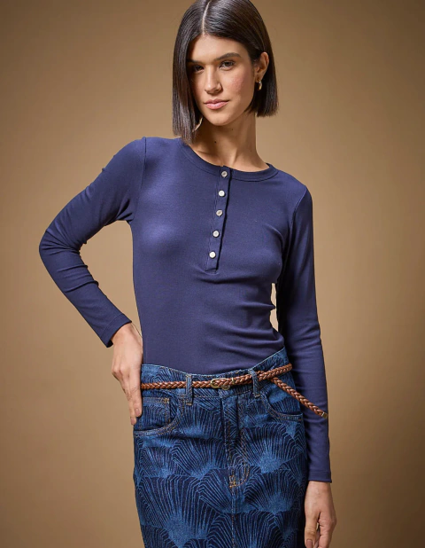BLUSA MALHA MANGA LONGA COM ABOTOAMENTO AZUL - MOB