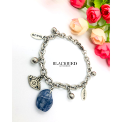 Pulsera de acero quirúrgico con dijes y Cuarzo Azul