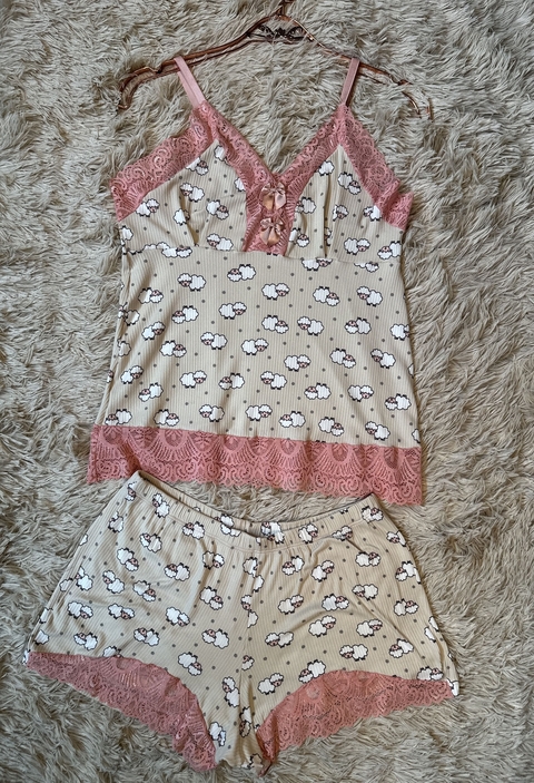 Baby Doll Estampado com Detalhes em Renda - Nude - comprar online