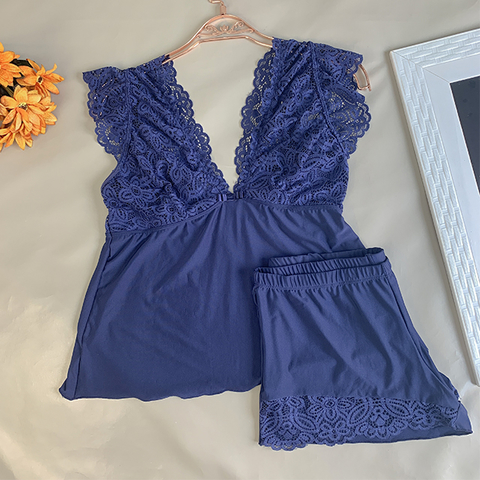 Pijama Short Doll Malha Fria com Renda - E90 Azul Marinho