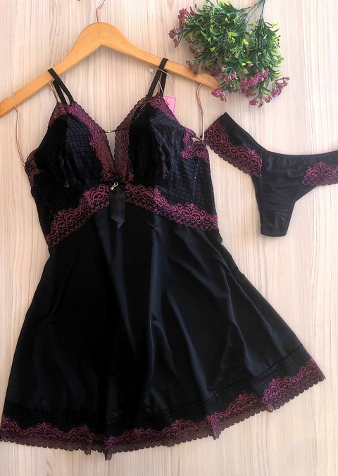 Camisola Malha Fria Vanessa com Renda s/ Bojo - preto - F36