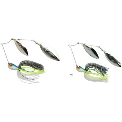 Iscas artificiais Raid Level Spin 1/2 de 14g com corpo colorido e duas lâminas metálicas prateadas